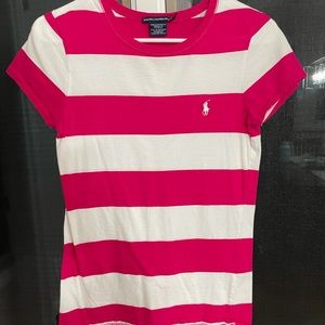 Lightly worn Ralph Lauren sport kids size Medium pink and white striped shirt